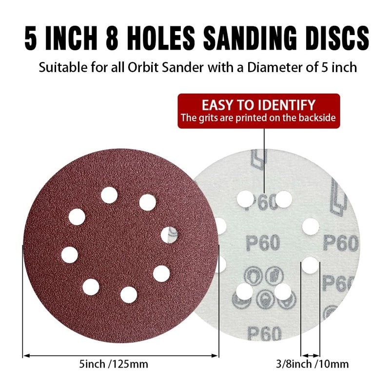 OUKEYA 44 Pack 5 Inch 8-Hole Hook and Loop Sanding Discs Sandpaper Red Round 60 Grit Sandpaper for Random Orbital Sander - Image 2